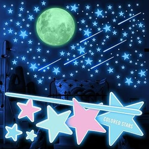 Glow in The Dark Stars and Moon for Ceiling, Luminous Stars and Moon Wall Decal, Wall Decor,Sticky Fluorescence Stars,Gift for boy and Girl Perfect for Kids Nursery Bedroom Living Room(Colorful)