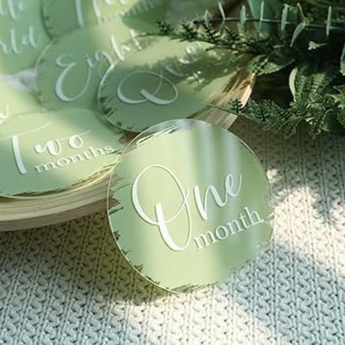 UNIQOOO 13 Pcs Sage Green Baby Monthly Milestone Cards with Hand Printed|Acrylic Baby Milestone Discs for Baby Girls Boys|New Baby Gifts, Baby First Year Photo Props, Photoshoots