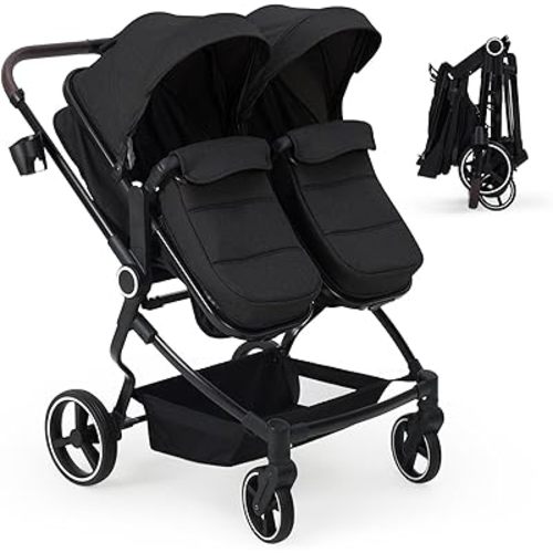 Side by Side Double Stroller Newborn and Toddler, Lightweight Compact Twin Stroller with Reversible Seat, Adjustable Backrest & Canopy, Storage Basket, Easy to Fold, Black