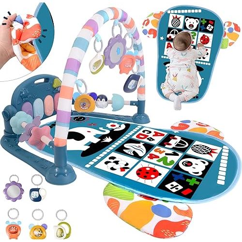 Baby Play Gyms for 0-6 Months, Tummy Time Mat, Baby Play Mat Activity Gym, Kick and Play Piano Gym, Music and Lights, Newborn Baby Gifts for Boys, Blue
