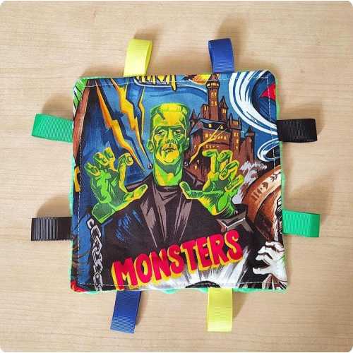 Frankensteins Monster theme Sensory Crinkle Toy 6x6. Minky back. Handmade.
