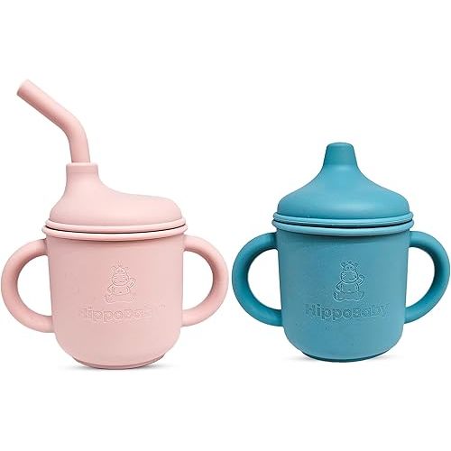 Silicone Transition Sippy Cup for 6+ Month Old | Includes 1 Toddler Straw Cup & 1 Baby Sippy Cups for Toddlers 1-3 | 5 oz | Perfect for Baby Led Weaning Supplies (Rose Quartz/Sky, 5 oz)