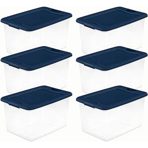 Sterilite 64 Quart Latching Hinged See-Through Plastic Stacking Storage Container Tote with Recessed Lids for Home Organization, Marine Blue (6 Pack)