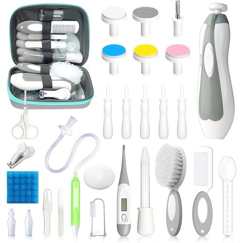Baby Healthcare and Grooming Kit, 28 in 1 Portable Baby Essentials Kit Electric Nail Trimmer Set with Gas Relief Hair Brush Comb Nasal Aspirator for Newborn Boys Girls (Grey White)