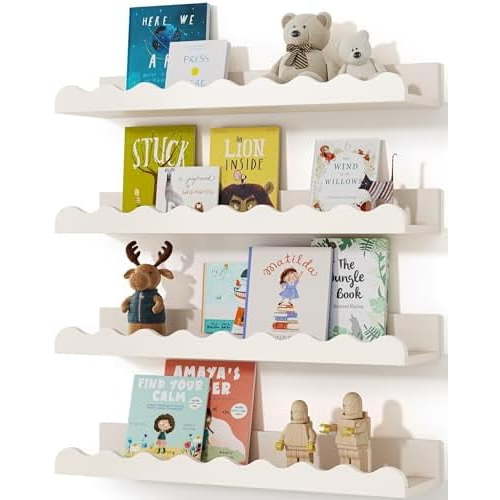 Kids' Bookshelf Set of 4 - White Floating Nursery Book Shelves, Picture Ledge Shelf for Wall Decor and Storage - Perfect for Books, Toys, Photo Frames, and Nursery Décor