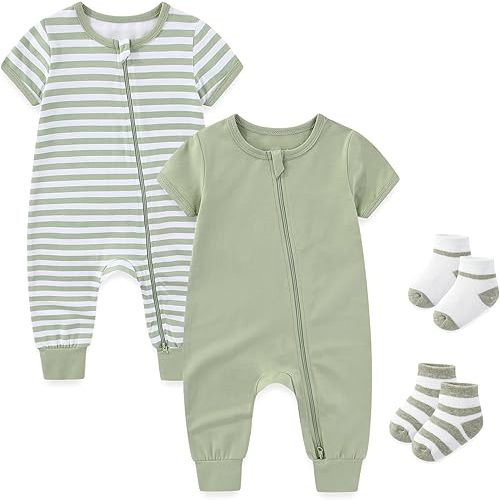 Baby Boy Girl 2-Pack Rompers with Socks 0-18M Toddler Unisex Zipper Short Sleeve Jumpsuits Clothes