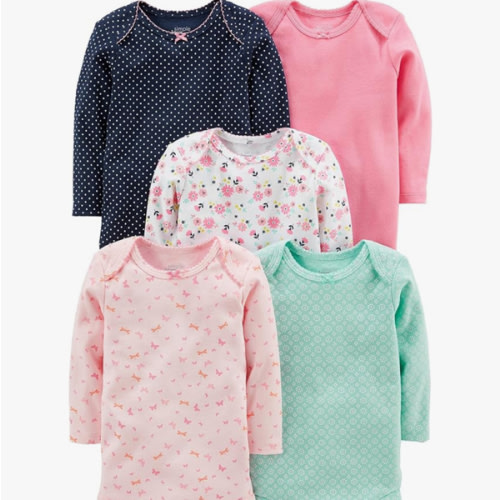 Simple Joys by Carter's Baby Girls' Long-Sleeve Bodysuit, Pack of 5 in 6-9 months Mint Green/Navy Dots/Pink/Butterflies/Floral