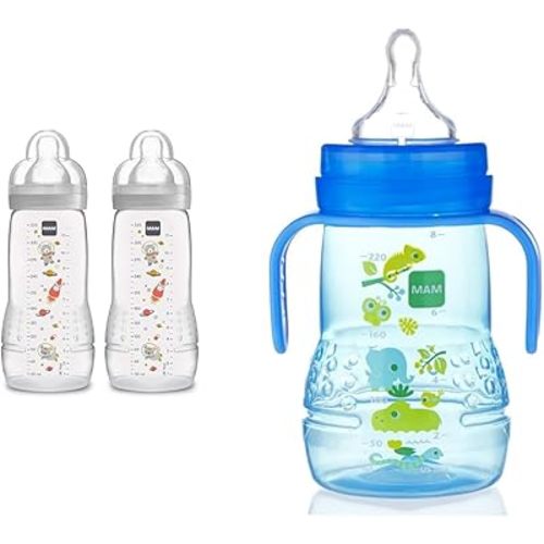 MAM Easy Active Bottle 11 oz (2-Count), Fast Flow Bottles, 4+ Month, Unisex, Gray & Plastic Trainer Cup (1 Count), Trainer Drinking Cup with Extra-Soft Spout
