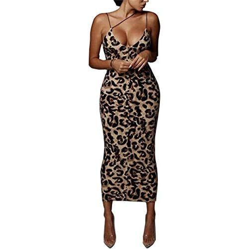 PRIMODA Women's Sexy Neon Asymmetrical Spaghetti Strap Dress Deep V-Neck Sleeveless Bodycon Midi Club Dress