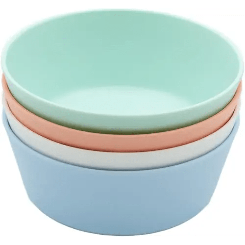 WeeSprout Bamboo Kids Bowls, Set of Four 10 oz Kid-Sized Bamboo Bowls, Dishwasher Safe Kid Bowls (Pastel Coral, Blue, Mint & Off White)