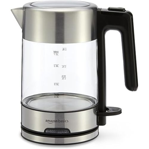 Amazon Basics Electric Kettle with Glass Carafe for Tea and Coffee, BPA-Free, Fast Boiling, Auto Shut-Off, 1 liter , 1500W, Glass and Steel