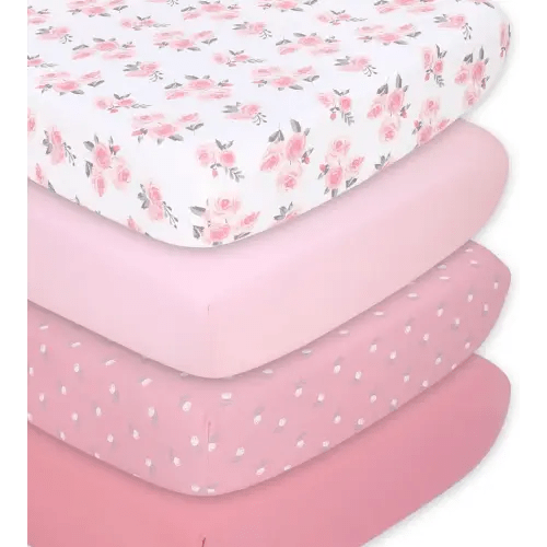 The Peanutshell Baby Girl Crib Sheets, Floral Fitted Baby Bed Sheet Set, Fits Standard Size Crib Mattress, 52x28, Pink Flowers Roses Nursery Decor, 4 Pack in Grey, Pink, White