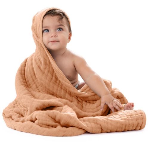 Baby Hooded Muslin Cotton Towel For Kids By Comfy Cubs, Caramel, 1 Pack