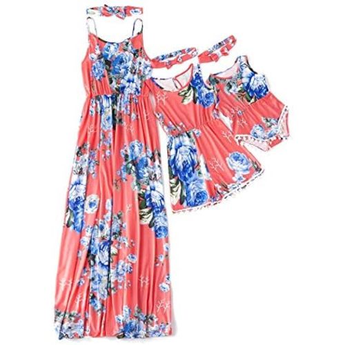 IFFEI Mommy and Me Matching Dress Spaghetti Strap Summer Casual Sundress Beach Sleeveless Dress with Headband