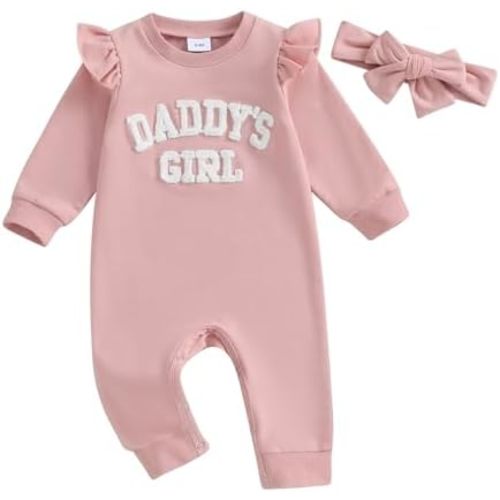 Newborn Baby Girl Romper Daddy's Girl Ruffle Long Sleeve Jumpsuit Headband Infant Fall Winter Clothes