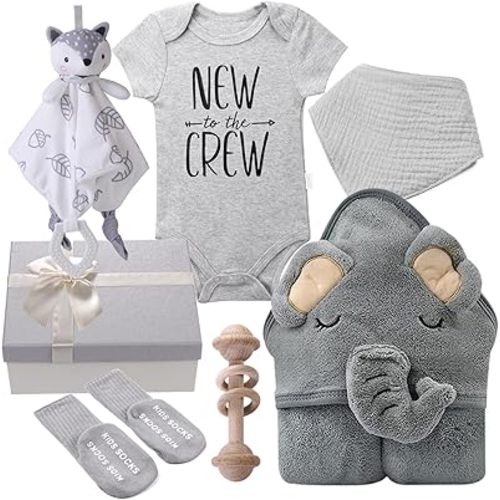 Baby Boy Girl Gift Box Set Newborn Baby Blanket, Newborn Lovey Security Blanket, Baby Wooden Rattle Toy, New Born Clothes Bibs Socks