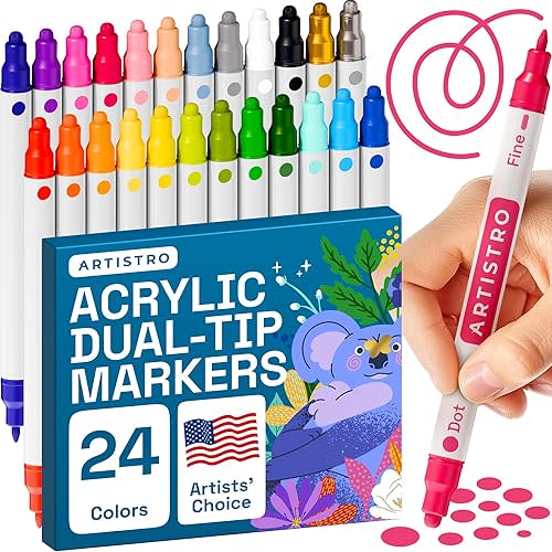 ARTISTRO 24 Dual Tip Acrylic Paint Markers, Acrylic Paint Pens, Fabric Markers for Textile, Rock, Glass, Wood, Paper, Ceramic, Canvas DIY Art Supplies Kit for Kids and Adults (Dual Tip Dot + Fine, 24)