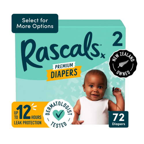 Rascals Premium Diapers, Size 2, Small Carton, 72 Count, Preemie to Size 7