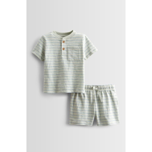 Stripe Short Sleeve Henley & Drawstring Shorts Set