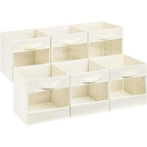 DIMJ Foldable Storage Boxes, Linen Closet Organizers and Storage, 6 Pack Closet Organizer Bins, Storage Cubes with Window, Closet Bins for Clothes, Toys, Books, Blanket (Beige)