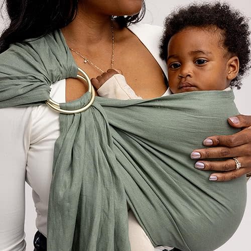 WildBird - Ring Sling Baby Carrier - 0-36 Months (up to 35 lbs) - Standard (74") Acadian & Gold Ring - Front, Hip or Back Carry - Adjustable Fit - Natural Linen - Baby Essentials - New Mom Gifts
