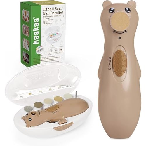 haakaa Baby Nail File Electric, Rechargeable Baby Nail Trimmer with LED Light, Baby Nail Clippers for Newborn/Children's Fingernails and Toenails, 6 Replacement Heads & Storage Case, Toffee