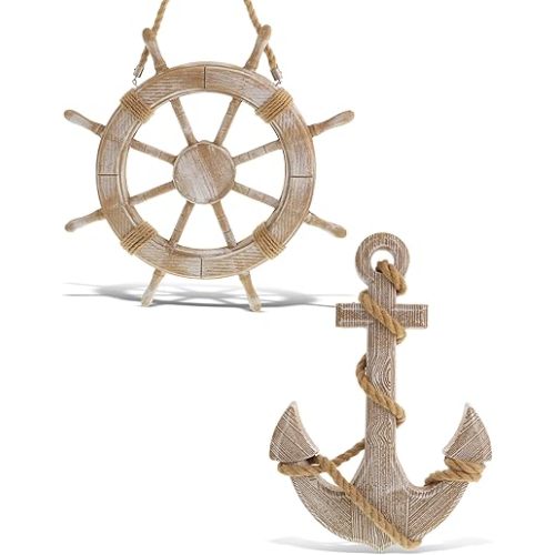 CoTa Global Baja Beach Wall Decor Anchor and Ship Wheel Set - Handmade and Crafted Wooden Anchor and Wheel with Ropes for Hanging, Nautical Themed Home Decor, Boat Steering Decorative Coastal Ornament