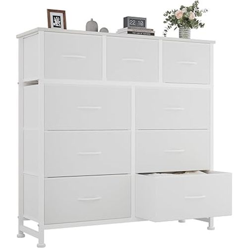 OLIXIS 9 Drawers Storage Organizers Units, Closet Organizers and Storage for Clothes, Fabric Storage Drawer for Living Room, Chest of Dresser in 39.4" D x 11.8" W x 39.9" H, White