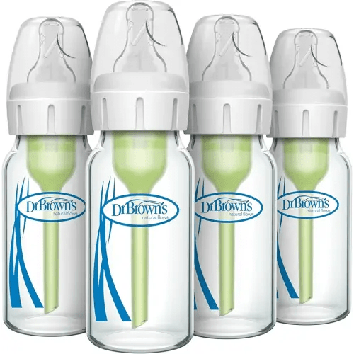 Dr. Brown's Natural Flow Anti-Colic Options+ Narrow Glass Baby Bottle 4 oz/120 mL, with Level 1 Slow Flow Nipple, 4 Pack, 0m+