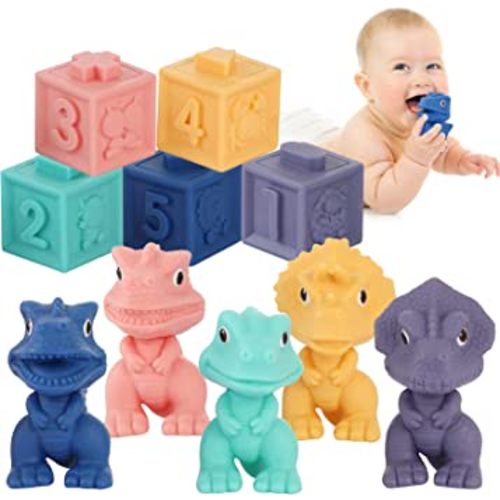 Baby Soft Blocks, Stacking Building Blocks, Teething & Squeezing Dinosaur Toys for Babies, Montessori Blocks with Numbers Animals Fruits, Soft Baby Toy for Baby Infants Toddlers Age 6 to 12 Months Up.