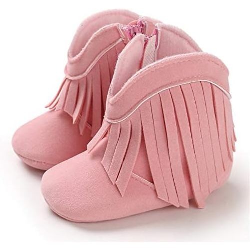 Timatego Baby Girl Cowboy Tassel Boots Side Zipper Non Slip Stay On Booties Infant Toddler First Walker Warm Winter Crib Shoes 3-18 Months