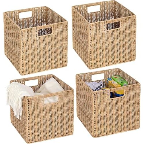 TAIMEI&G02 12x12x12inch Plastic Wicker Cube Baskets Large Square Foldable Handwoven Laundry Organizer,Set of 4，Khaki