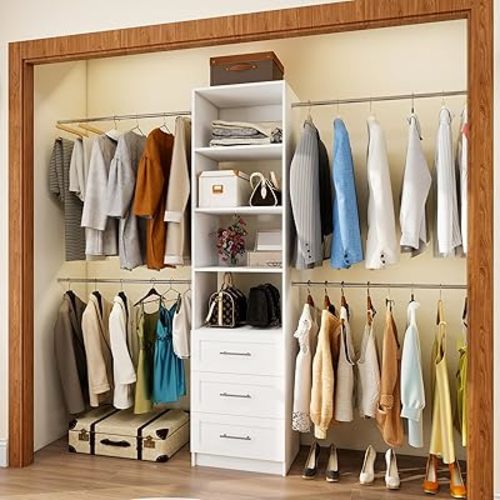 Closet System, 5FT-8FT Closet Organizer System with 3 Wooden Drawers, 99" Walk In Closet Organizer and Storage with 4 Expandable Hanging Rods, Wall Mount, White