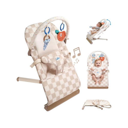 Tiny Marvels Baby Bouncer, 3-Point Harness Baby Bouncer Seat for Newborn Toddler, Portable Baby Rocking Chair with Sensory Toys and Music, Compact & Portable Baby sit up chair (Sand Checks)