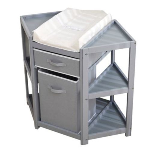 Corner Diaper Changing Table with Storage Drawer Laundry Hamper Pad, Multi-Functional Organizer for Newborn Infant Gray