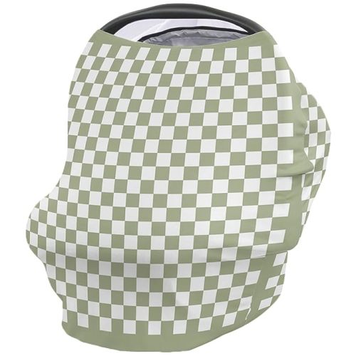 Sage Green Car Seat Covers for Babies, Nursing Breastfeeding Covers Stretchy Breathable Baby Carseat Canopy Cover for Girls and Boys Shower Gifts Modern Minimalism Checkered Plaid