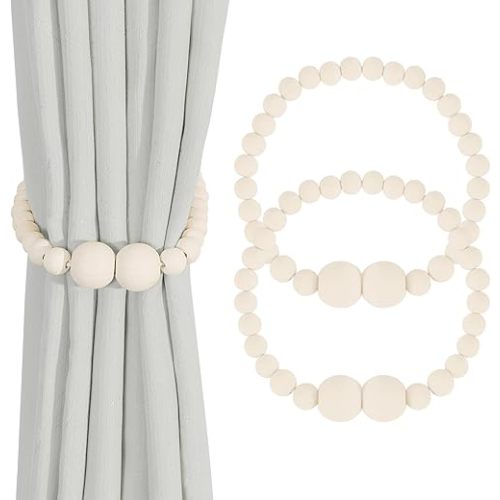 Magnetic Curtain Tiebacks, 2 Pack Curtain Holdbacks for Draperies, Wood Bead Curtain Tiebacks, Elegant Curtain Tie Backs for Bedroom Decor, Boho Room Decor, Nursery Decor, Farmhouse Decor