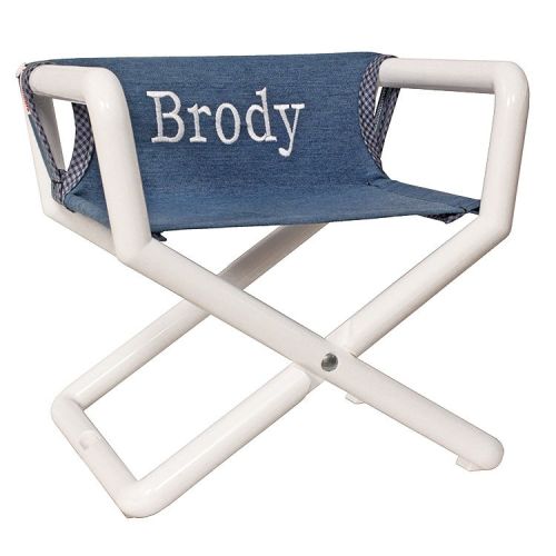 Children’s own personalized director chair even toddler's can carry everywhere. Outdoor children's furniture. Made in the USA. Denim.