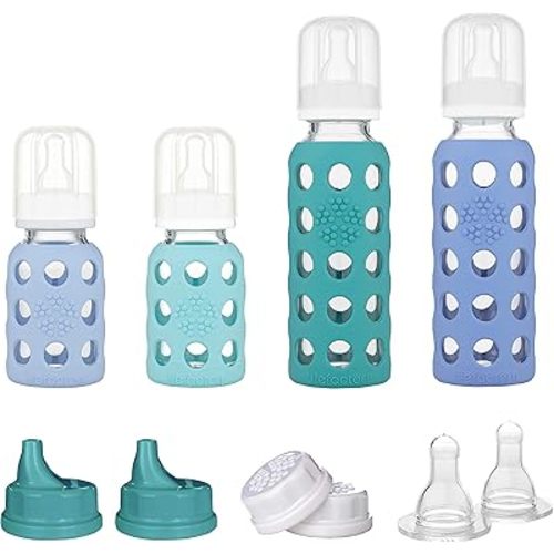 Lifefactory 4 Starter Baby Bottle Set in Mint/Blanket & in Kale/Blueberry Flat & Sippy Caps Stage 2 Nipples 10 Count