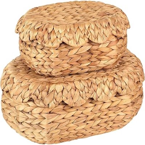 2Pcs Scalloped Baskets, Hand Woven Water Hyacinth Basket with Lid, Small Scalloped Baskets, Wicker Storage Basket For Decor, Living Room, Bathroom, Bedroom (Water Hyacinth - 2pcs)