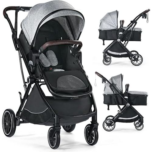Baby Stroller, 3 in 1 Folding High Landscape Infant Stroller & Convertible Bassinet Pram for Newborn, Portable Baby Carriage Pushchair with Adjustable Canopy, Cup Holder, Storage Basket, Grey