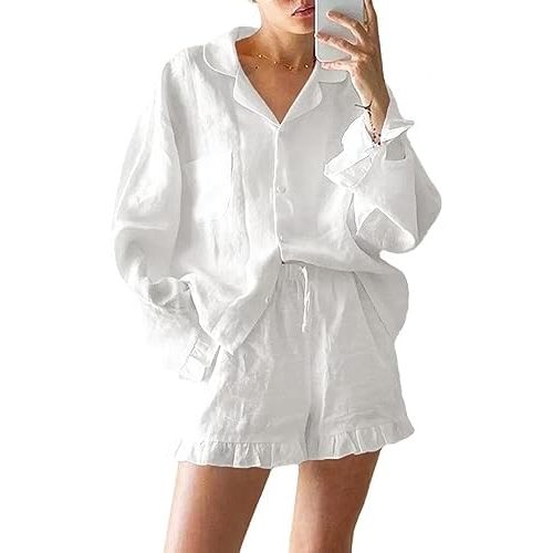 Womens Ruffle Pajama Sets 2 Piece Long Sleeve Button Down Shirt and Shorts Set Cozy Cotton Lounge Set