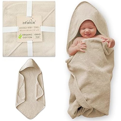 Organic Cotton Plush Woven Hooded Baby Towels, 31x31 Inches, Plush Bath Towels with Hood for Newborns and Kids, Girls & Boys (Ivory, 31.4" L x 31.4" W)