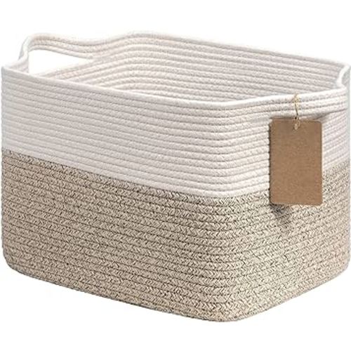 Goodpick Woven Storage Basket, Cotton Rope Basket for Dog Toys, Books, Stylish Gift Basket with Handles, 13 x 10 x 9 Inches Square Baskets for Organizing, Brown and White
