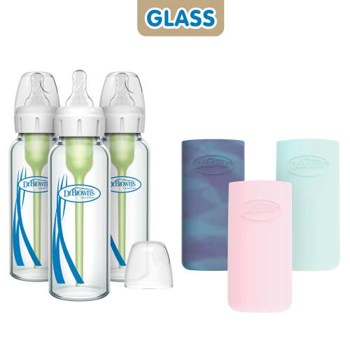 Dr. Brown's Anti-Colic Options+ Narrow Glass Baby Bottles, 8 oz/250 ml + Silicone Sleeves, Glow, Mint, Pink, BPA Free, 0m+, 3 Pack