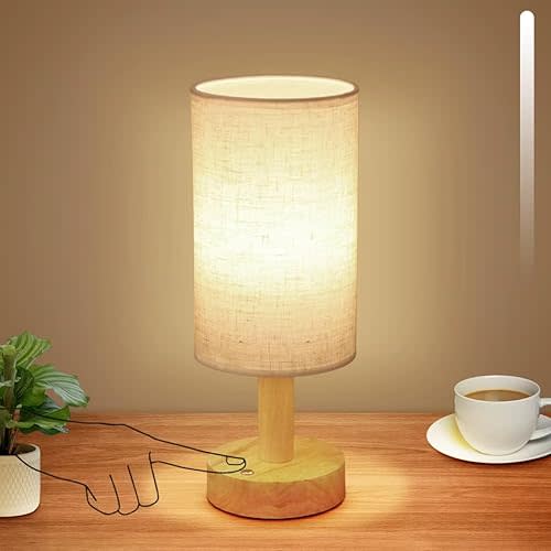 Rechargeable Cordless Touch Table Lamp with Stepless Dimming,Natural Wood Base&Linen Shade,Small Battery Wireless Ambient Night Light for Bedroom,Bedside,Nightstand,Nursery,Kitchen,Camping,Outdoor
