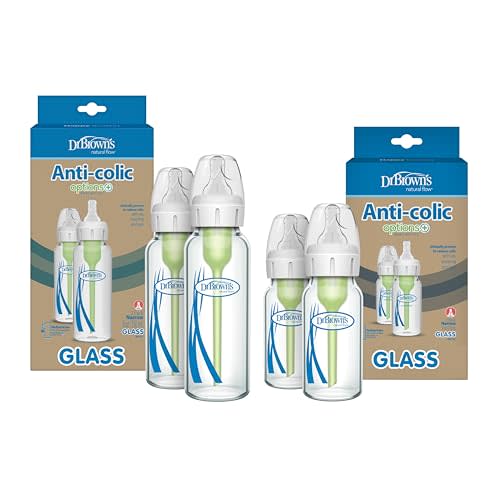 Dr. Brown's Natural Flow Anti-Colic Options+ Narrow Glass Baby Bottles, Made in The USA, BPA Free, 8oz and 4oz, 0m+, 4-Pack
