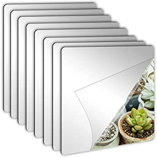 JUNEBRUSHS 8 Pack Self Adhesive Acrylic Mirror, 8 x 8 Inch Mirror Tiles,Flexible Plastic Mirror Sheets Wall Stickers,2MM Thick Mirror,Frameless Small Mirror