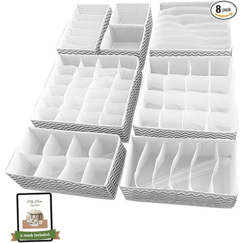 PETALS Drawer Organizers For Clothing – 8 Pack Foldable Dresser Drawer Organizers, Baby Nursery Organizers and storage for Sock, Underwear, Bra, Panty, Drawer Organizer Clothes Durable and Sturdy - Light Gray and White