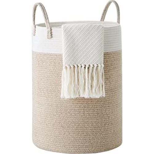 Cotton Rope Laundry Hamper by YOUDENOVA, 58L - Woven Collapsible Clothes Storage Basket for Blankets, Laundry Room Organizing, Bedroom, Brown & White